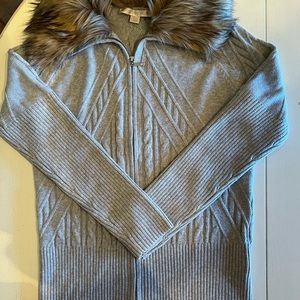 Boston Proper gray cardigan sweater with faux fur collar and zip front